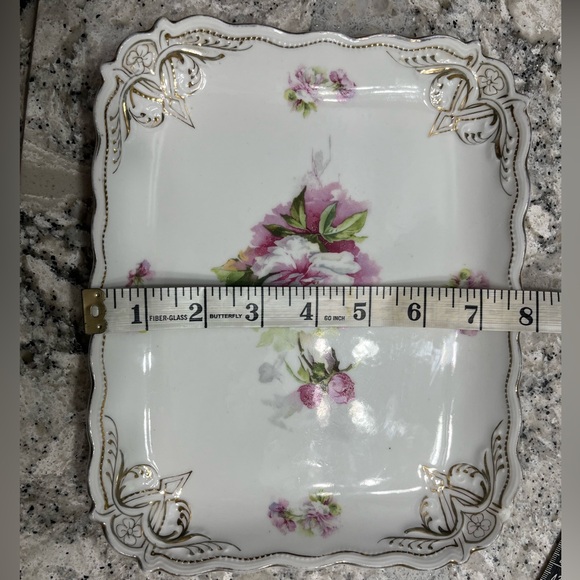 Vintage Victorian Porcelain Vanity Tray Pink & White Floral & Gold Trimmed Edge - Picture 2 of 8